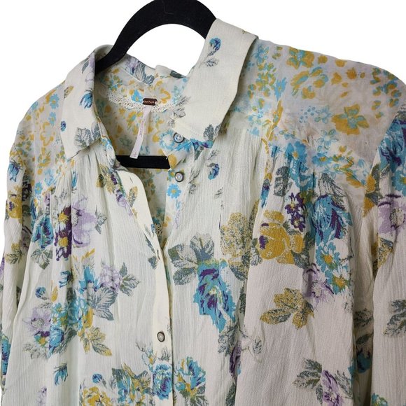 Free People Womens L Cream Floral Hold On To Me Long Sleeve Button Up Blouse NWT - Picture 6 of 11